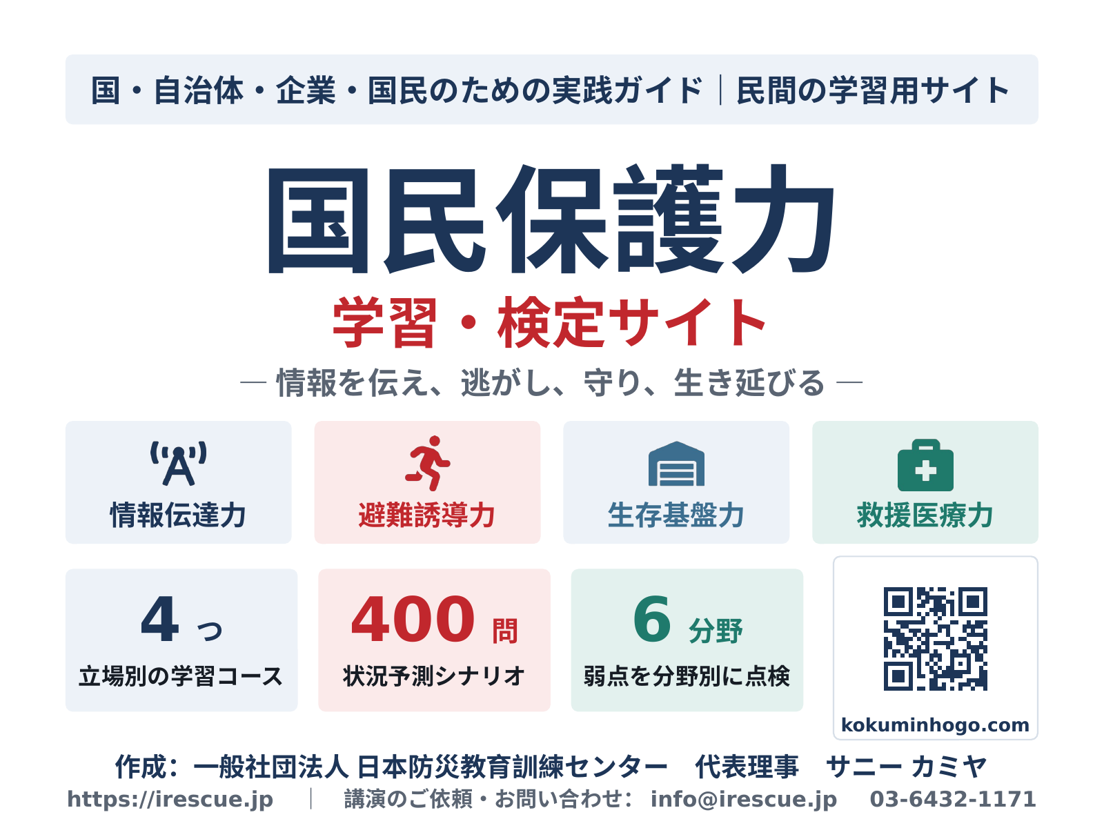 国民保護力 学習・検定サイト。情報伝達力・避難誘導力・生存基盤力・救援医療力の4つの力、4つの立場別コース、400問の状況予測シナリオ検定、6分野の点検。作成:一般社団法人 日本防災教育訓練センター